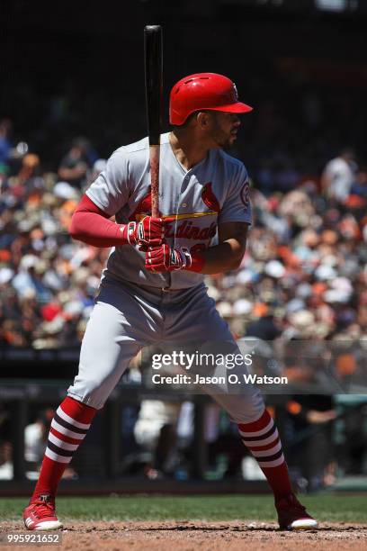 Tommy Pham of the St. Louis Cardinals at bat against the San Francisco Giants during the fifth inning at AT&T Park on July 8, 2018 in San Francisco,...