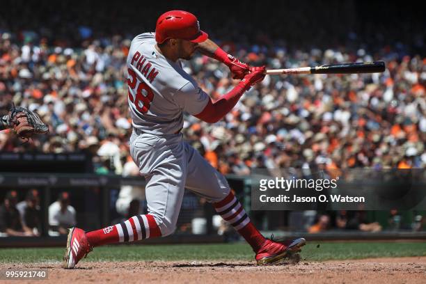 Tommy Pham of the St. Louis Cardinals at bat against the San Francisco Giants during the fifth inning at AT&T Park on July 8, 2018 in San Francisco,...