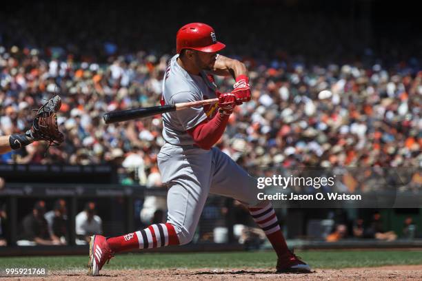 Tommy Pham of the St. Louis Cardinals at bat against the San Francisco Giants during the fifth inning at AT&T Park on July 8, 2018 in San Francisco,...