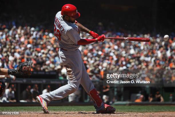 Jose Martinez of the St. Louis Cardinals at bat against the San Francisco Giants during the fifth inning at AT&T Park on July 8, 2018 in San...