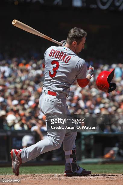Jedd Gyorko of the St. Louis Cardinals at bat against the San Francisco Giants during the fifth inning at AT&T Park on July 8, 2018 in San Francisco,...