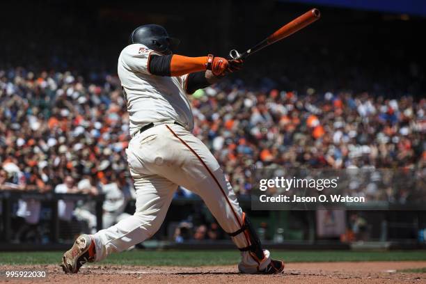 Pablo Sandoval of the San Francisco Giants hits a three run home run against the St. Louis Cardinals during the fifth inning at AT&T Park on July 8,...