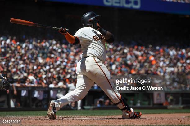 Pablo Sandoval of the San Francisco Giants hits a three run home run against the St. Louis Cardinals during the fifth inning at AT&T Park on July 8,...