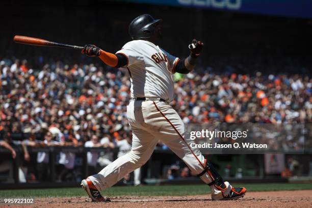 Pablo Sandoval of the San Francisco Giants hits a three run home run against the St. Louis Cardinals during the fifth inning at AT&T Park on July 8,...