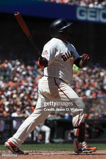 Pablo Sandoval of the San Francisco Giants hits a three run home run against the St. Louis Cardinals during the fifth inning at AT&T Park on July 8,...