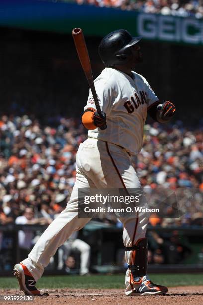 Pablo Sandoval of the San Francisco Giants hits a three run home run against the St. Louis Cardinals during the fifth inning at AT&T Park on July 8,...