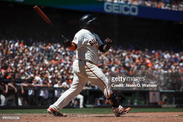 Pablo Sandoval of the San Francisco Giants hits a three run home run against the St. Louis Cardinals during the fifth inning at AT&T Park on July 8,...
