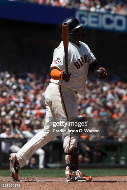 Pablo Sandoval of the San Francisco Giants hits a three run home run against the St. Louis Cardinals during the fifth inning at AT&T Park on July 8,...