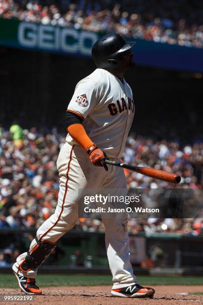 Pablo Sandoval of the San Francisco Giants hits a three run home run against the St. Louis Cardinals during the fifth inning at AT&T Park on July 8,...