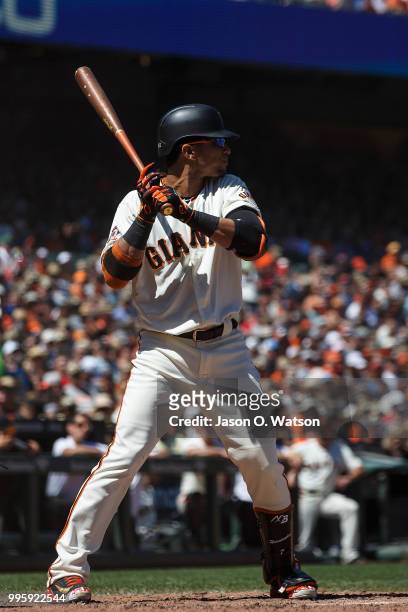 Gorkys Hernandez of the San Francisco Giants at bat against the St. Louis Cardinals during the fifth inning at AT&T Park on July 8, 2018 in San...