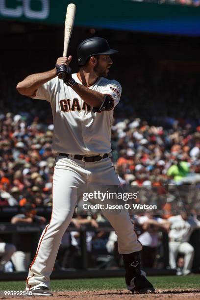 Madison Bumgarner of the San Francisco Giants at bat against the St. Louis Cardinals during the fifth inning at AT&T Park on July 8, 2018 in San...