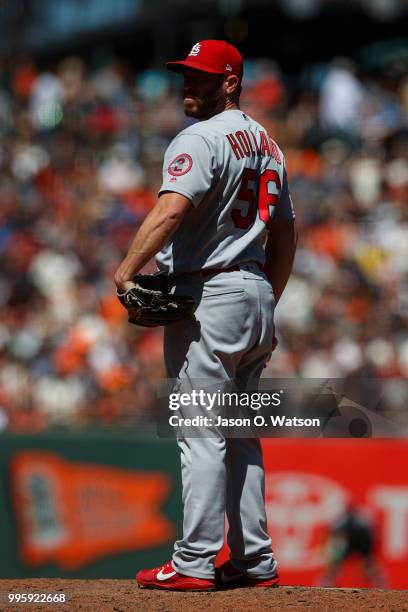 Greg Holland of the St. Louis Cardinals stands on the pitchers mound against the San Francisco Giants during the sixth inning at AT&T Park on July 8,...