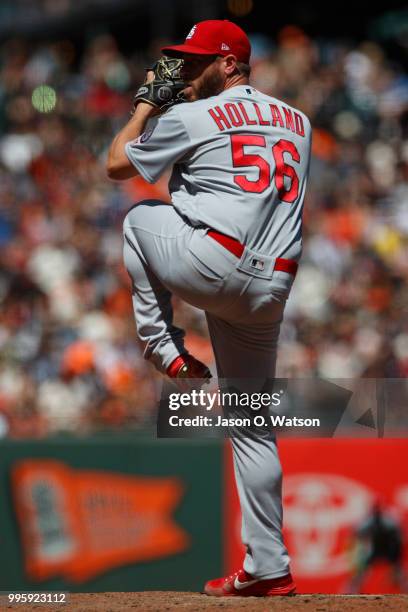 Greg Holland of the St. Louis Cardinals pitches against the San Francisco Giants during the sixth inning at AT&T Park on July 8, 2018 in San...