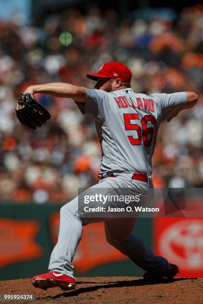 Greg Holland of the St. Louis Cardinals pitches against the San Francisco Giants during the sixth inning at AT&T Park on July 8, 2018 in San...