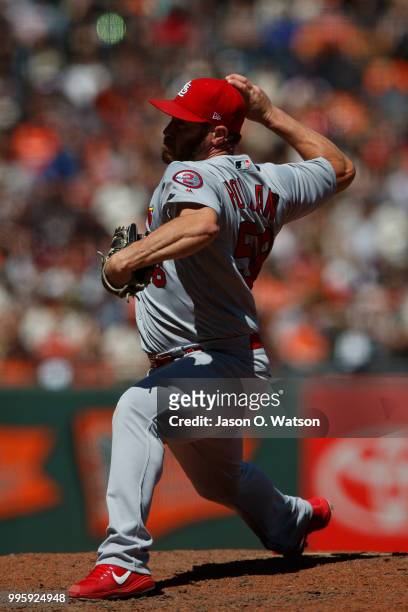 Greg Holland of the St. Louis Cardinals pitches against the San Francisco Giants during the sixth inning at AT&T Park on July 8, 2018 in San...