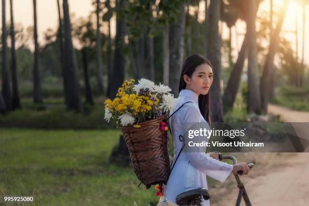 woman wearing a vietnamese dress ao dai are ride on a bicycle along the road in a village - ao stock pictures, royalty-free photos & images