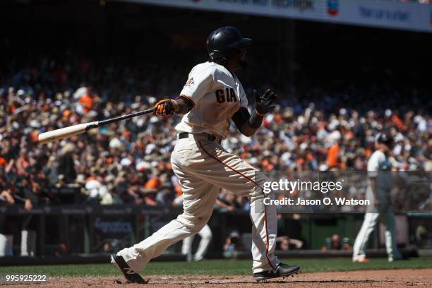 Alen Hanson of the San Francisco Giants at bat against the St. Louis Cardinals during the sixth inning at AT&T Park on July 8, 2018 in San Francisco,...