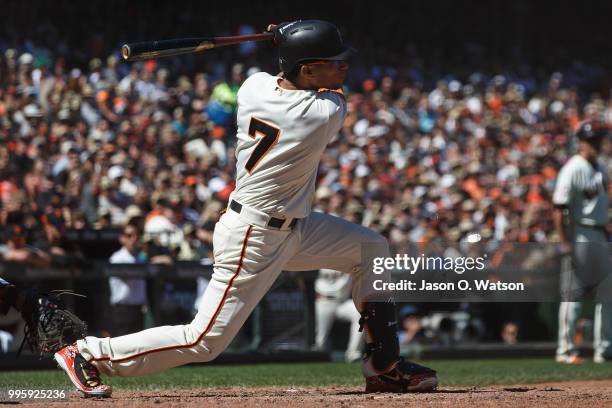 Gorkys Hernandez of the San Francisco Giants hits a two run single against the St. Louis Cardinals during the sixth inning at AT&T Park on July 8,...