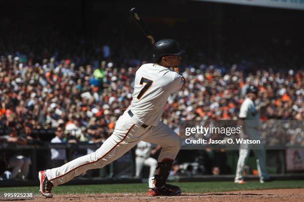 Gorkys Hernandez of the San Francisco Giants hits a two run single against the St. Louis Cardinals during the sixth inning at AT&T Park on July 8,...