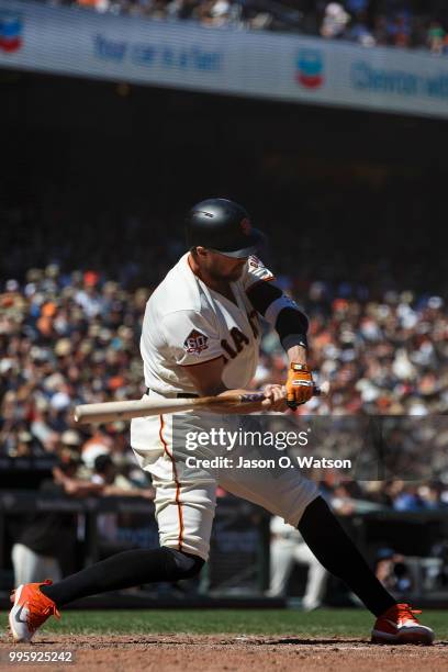 Hunter Pence of the San Francisco Giants at bat against the St. Louis Cardinals during the sixth inning at AT&T Park on July 8, 2018 in San...