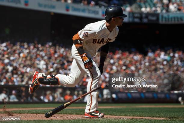 Gorkys Hernandez of the San Francisco Giants hits a two run single against the St. Louis Cardinals during the sixth inning at AT&T Park on July 8,...