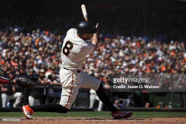 Hunter Pence of the San Francisco Giants at bat against the St. Louis Cardinals during the sixth inning at AT&T Park on July 8, 2018 in San...