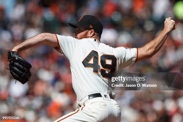 Sam Dyson of the San Francisco Giants pitches against the St. Louis Cardinals during the seventh inning at AT&T Park on July 8, 2018 in San...