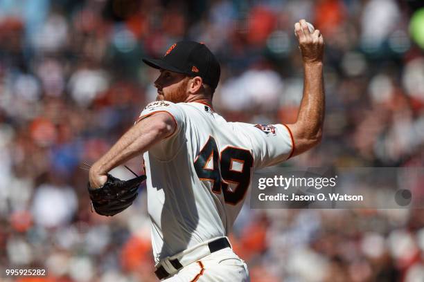 Sam Dyson of the San Francisco Giants pitches against the St. Louis Cardinals during the seventh inning at AT&T Park on July 8, 2018 in San...