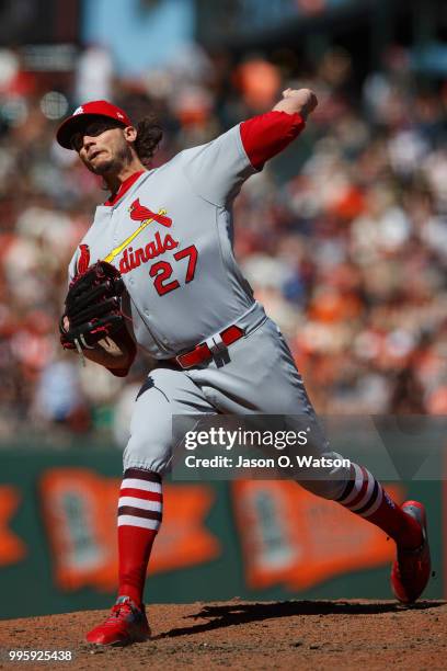 Brett Cecil of the St. Louis Cardinals pitches against the San Francisco Giants during the seventh inning at AT&T Park on July 8, 2018 in San...
