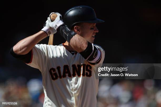 Buster Posey of the San Francisco Giants at bat against the St. Louis Cardinals during the seventh inning at AT&T Park on July 8, 2018 in San...