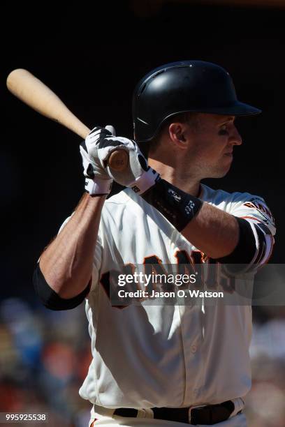Buster Posey of the San Francisco Giants at bat against the St. Louis Cardinals during the seventh inning at AT&T Park on July 8, 2018 in San...