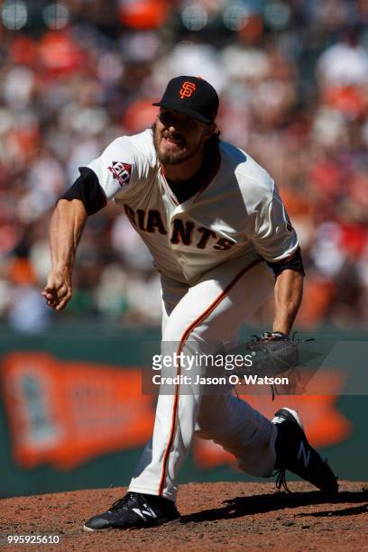 Ray Black of the San Francisco Giants pitches against the St. Louis Cardinals during the eighth inning at AT&T Park on July 8, 2018 in San Francisco,...