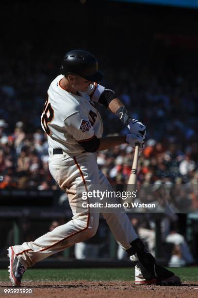 Buster Posey of the San Francisco Giants at bat against the St. Louis Cardinals during the eighth inning at AT&T Park on July 8, 2018 in San...