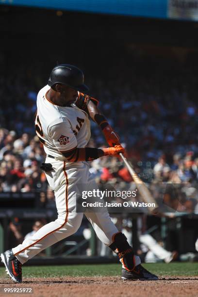 Andrew McCutchen of the San Francisco Giants at bat against the St. Louis Cardinals during the eighth inning at AT&T Park on July 8, 2018 in San...