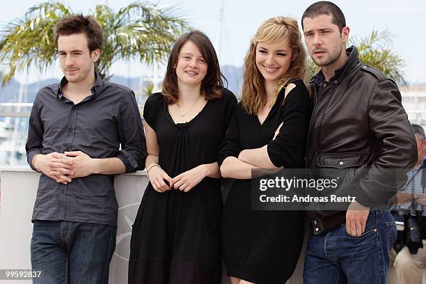 Actor Gregoire Leprince-Ringuet, actresses Pauline Etienne and Louise Bourgoin with actor Melvil Poupaud attends the "Black Heaven" Photocall at the...