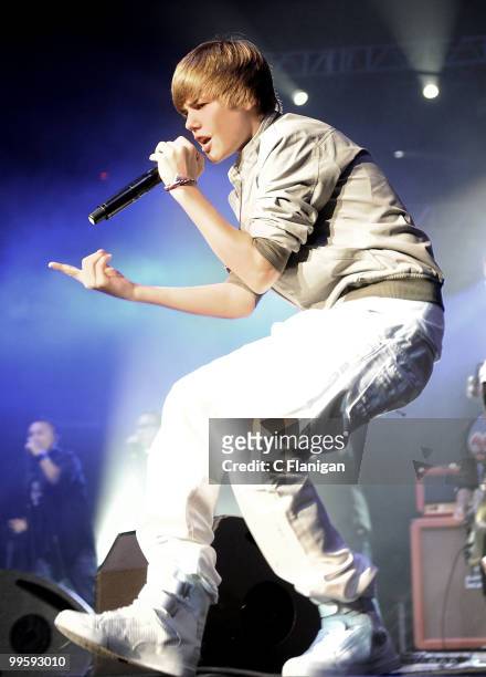 Singer Justin Bieber performs at KIIS FM's 2010 Wango Tango Concert at Nokia Theatre L.A. Live on May 15, 2010 in Los Angeles, California.