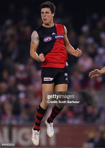 Angus Monfries of the Bombers celebrates after kicking a goal in the final quarter during the round eight AFL match between the St Kilda Saints and...