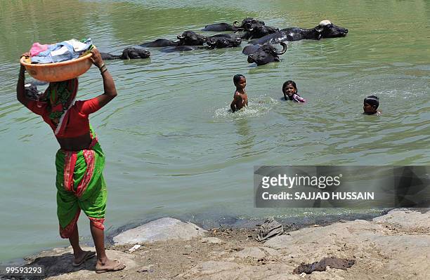 Indian children cool off in a river near buffalo in Mumabi on May 16, 2010. Several parts of India have sizzled in a heatwave this year, with...