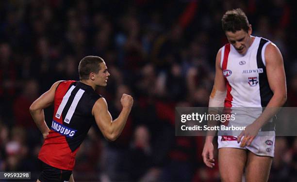 David Zaharakis of the Bombers celebrates after kicking a goal during the round eight AFL match between the St Kilda Saints and the Essendon Bombers...