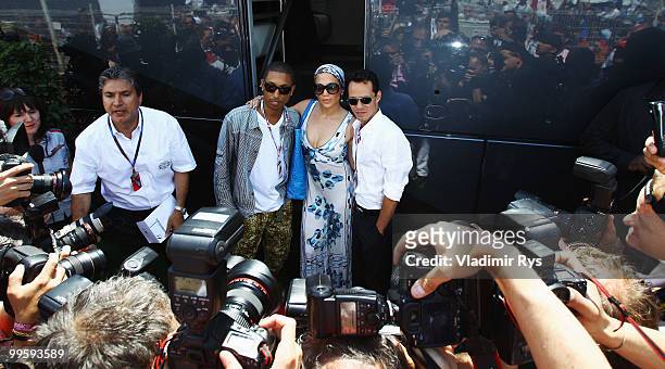 Pharrell Williams, Jennifer Lopez and her husband Marc Anthony are seen in the paddock during the Monaco Formula One Grand Prix at the Monte Carlo...