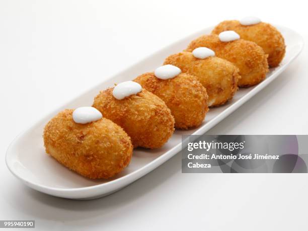 six spanish croquettes with mayonnaise. - cabeza stock pictures, royalty-free photos & images