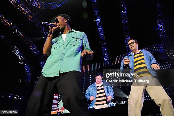 Singer B.O.B. Performs with Rivers Cuomo of Weezer at 102.7 KIIS-FM's Wango Tango 2010 show, held at the Staples Center on May 15, 2010 in Los...