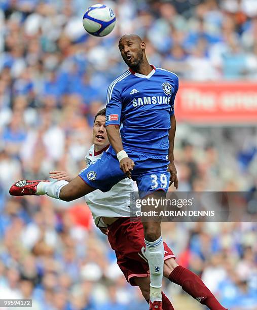 Chelsea's French striker Nicolas Anelka heads the ball against Portsmouth during the FA Cup Final football match at Wembley, in north London, on May...