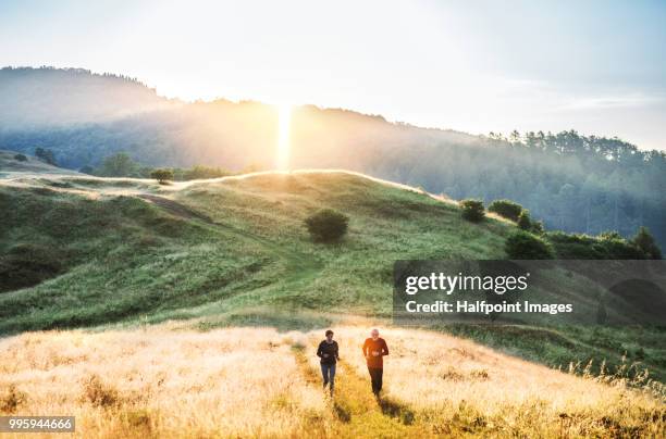 senior couple running outdoors in nature in the morning at sunrise. - halfpoint stock-fotos und bilder