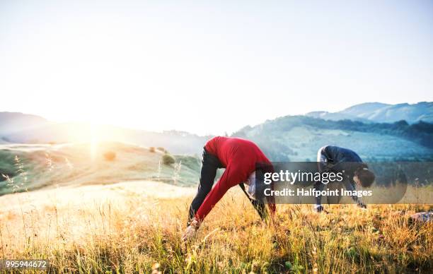 senior fit couple stretching outdoors in nature in the foggy morning. - halfpoint stock-fotos und bilder