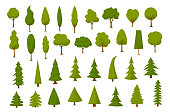 different cartoon park forest pine fir trees set