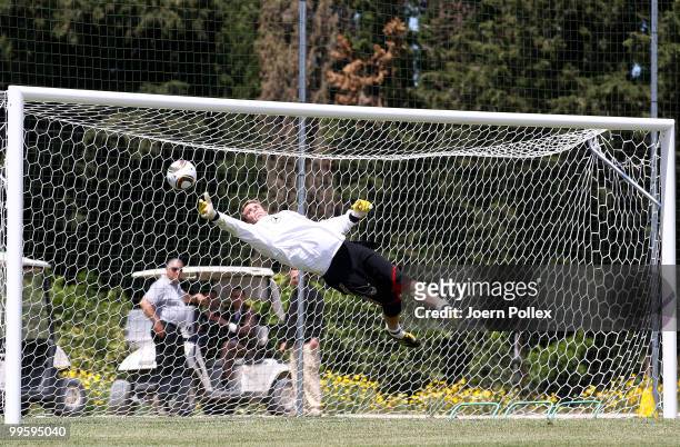 Manuel Neuer of Germany is seen in action during the German National Team training session at Verdura Golf and Spa Resort on May 16, 2010 in Sciacca,...