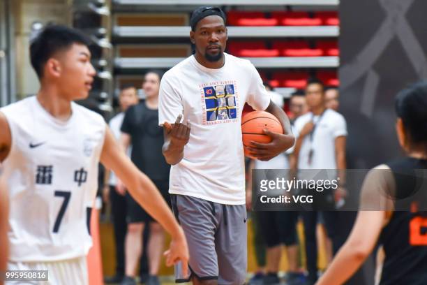 Player Kevin Durant of Golden State Warriors attends NIKE Rise Academy activity during his trip to China on July 7, 2018 in Guangzhou, Guangdong...