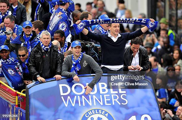 John Terry and Frank Lampard and the Chelsea Football Team parade their silverware on an open top bus on the Kings Road, Chelsea, on May 16, 2010 in...