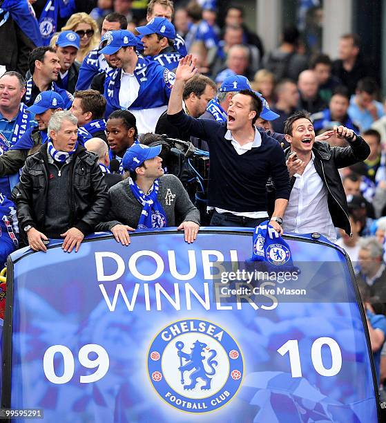 John Terry and Frank Lampard and the Chelsea Football Team parade their silverware on an open top bus on the Kings Road, Chelsea, on May 16, 2010 in...